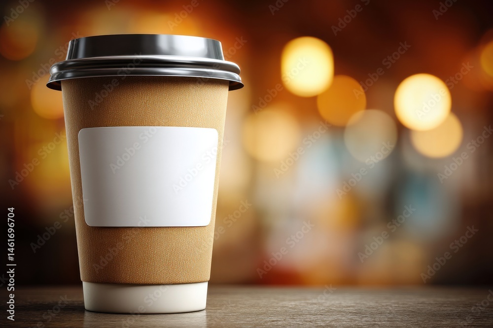 A hot takeaway coffee cup with a blank label on a wooden table, warm colors and bokeh in the background create a cozy atmosphere, perfect for your branding. A hot takeaway coffee cup with a blank label on a wooden table, warm colors and bokeh in the background create a cozy atmosphere, perfect for your branding.