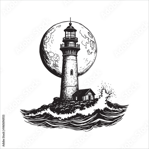 Vintage lighthouse with full moon illustration, Nautical ocean waves and night sky black ink art.