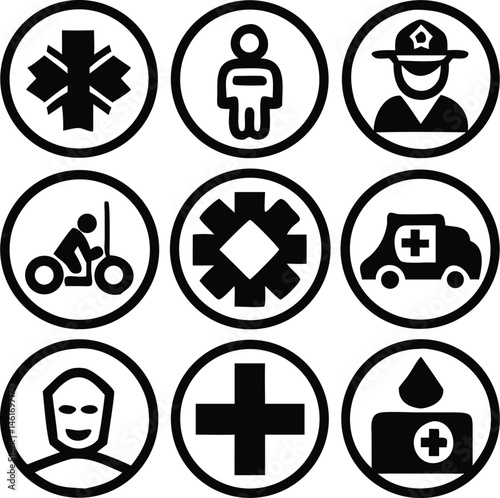 Emergency Medical and First Responder Icon Set – Ambulance, Cross, Health Symbols