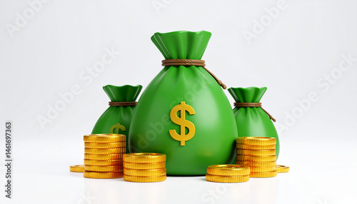 Green money bag with gold dollar symbol and stacked golden coins, representing financial saving, investment, wealth, and economic growth, on white background