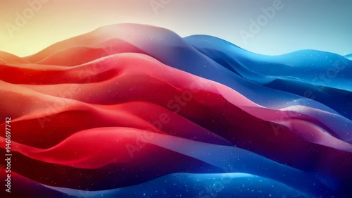 Abstract landscape with vibrant red and blue hills illuminated by warm light in a tranquil setting