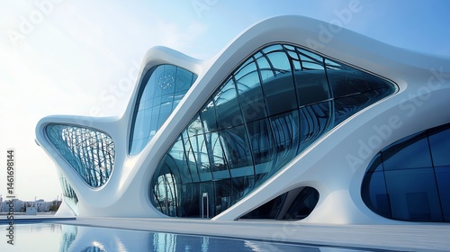 A modern building with intricate glasswork details.. photo