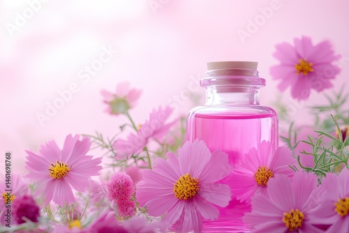 Pink cosmos flowers and bottle