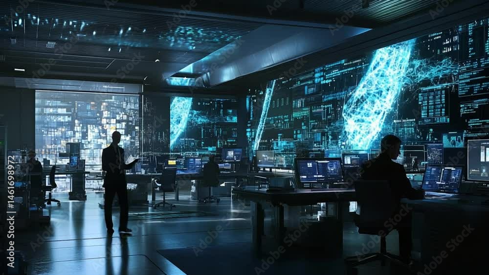 Futuristic control room with digital displays and professionals monitoring data analytics Futuristic control room with digital displays and professionals monitoring data analytics