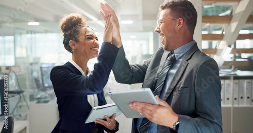 Bild auf Leinwand Tablet, team and business people high five for celebration, success and promotion in office