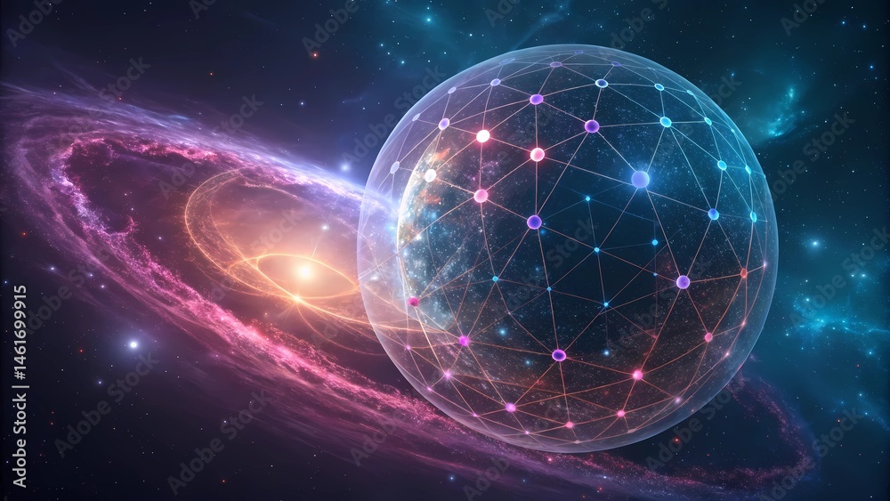 Abstract glowing data sphere with neural network connections on a cosmic background, representing artificial general intelligence (AGI), the technological singularity, and the expansive interconnected Abstract glowing data sphere with neural network connections on a cosmic background, representing artificial general intelligence (AGI), the technological singularity, and the expansive interconnected