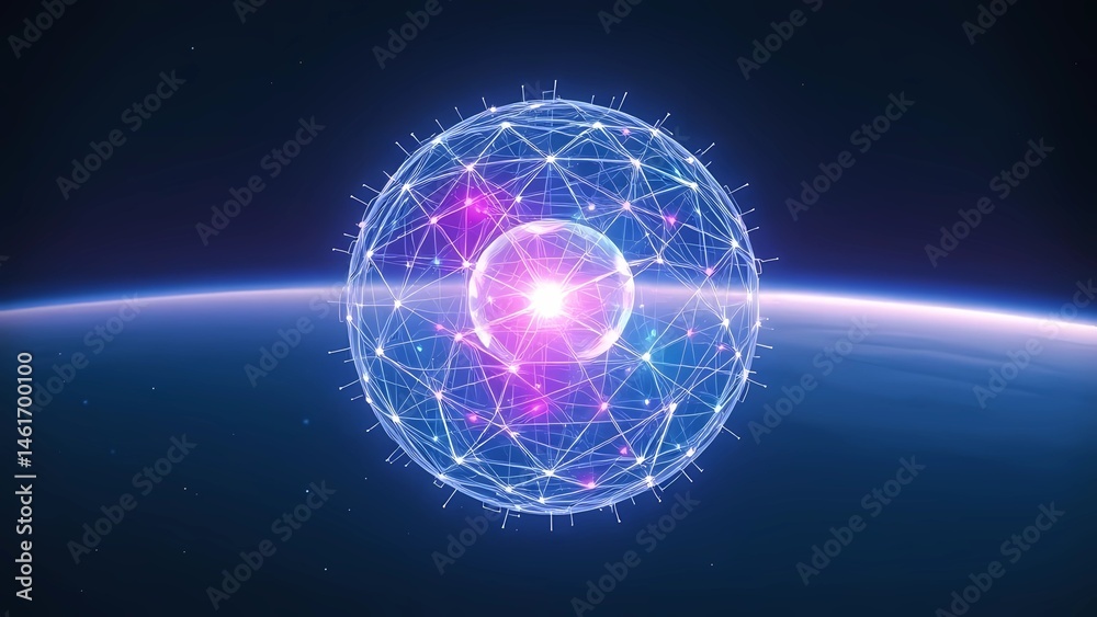 Fototapeta premium Abstract glowing data sphere with neural network connections on a cosmic background, representing artificial general intelligence (AGI), the technological singularity, and the expansive interconnected