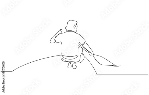 Man rowing canoe continuous one line drawing, Single continuous line drawing young man use canoe at sea. Sea activity minimalist concept. Trendy one line draw design vector graphic design.