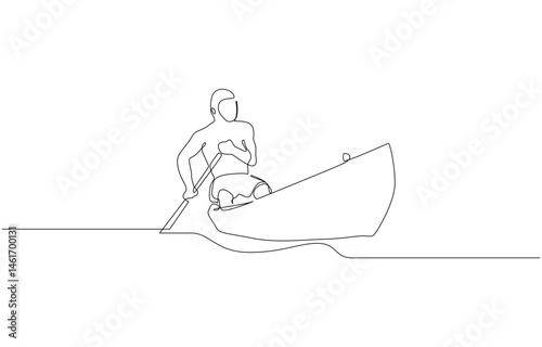 Man rowing canoe continuous one line drawing, Single continuous line drawing young man use canoe at sea. Sea activity minimalist concept. Trendy one line draw design vector graphic design.