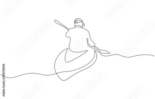 Man rowing canoe continuous one line drawing, Single continuous line drawing young man use canoe at sea. Sea activity minimalist concept. Trendy one line draw design vector graphic design.