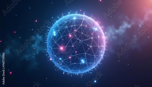 Abstract glowing data sphere with neural network connections on a cosmic background, representing artificial general intelligence (AGI), the technological singularity, and the expansive interconnected