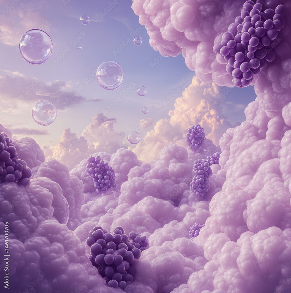 purple fluffy cotton candy clouds in the sky, with bubbles floating in the sky differring in sizes, grapes in the clouds