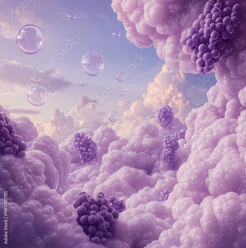 Obraz na płótnie purple fluffy cotton candy clouds in the sky, with bubbles floating in the sky differring in sizes, grapes in the clouds w salonie