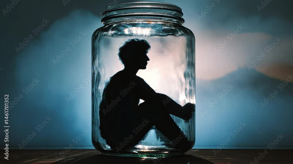 Imprisoned Soul: A poignant silhouette of a person trapped within a glass jar, the ethereal lighting adding to the sense of confinement and introspective reflection.