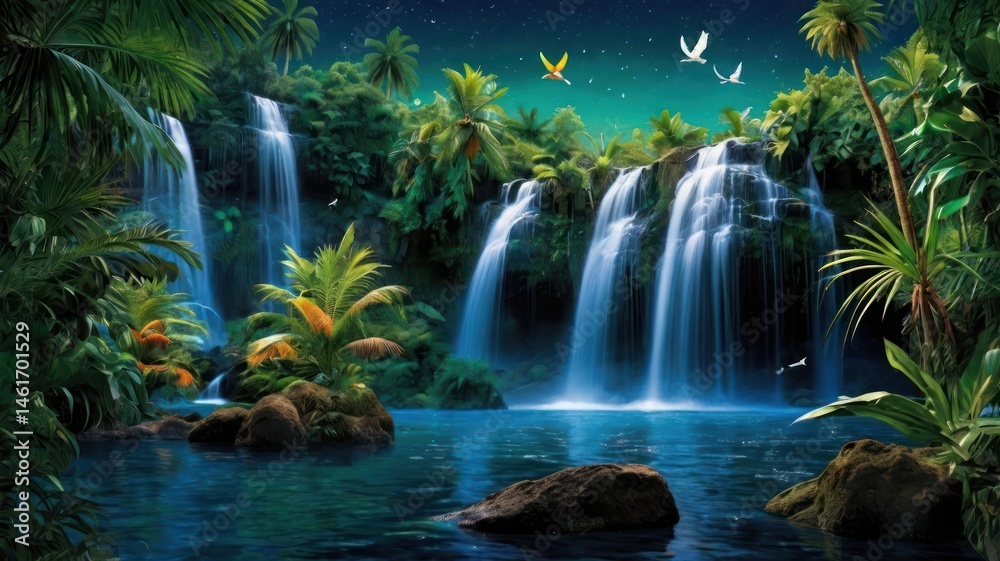 Obraz premium Lush Waterfall Cascades in a Tropical Paradise at Night