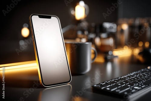 A sleek smartphone mockup featuring a blank screen set on a modern desk, creating an ideal workspace showcase for apps and digital content, next to keyboard. photo