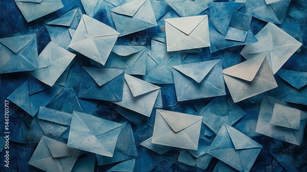 Naklejka premium Many blue envelopes piled together, top view.