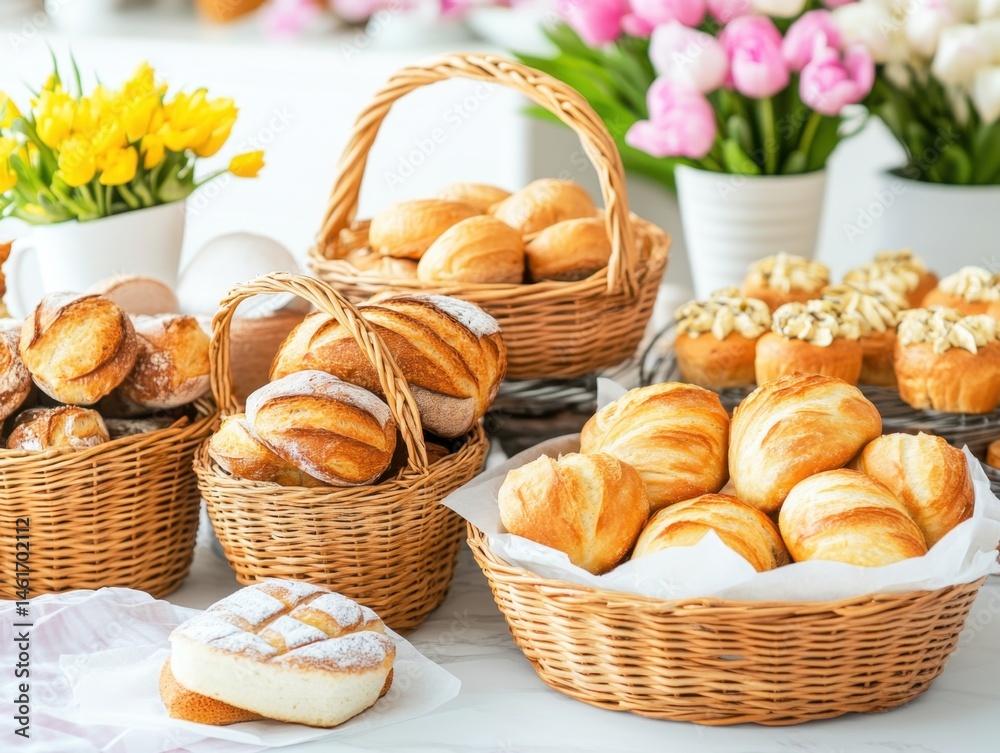 Obraz Freshly Baked Bread Rolls and Cupcakes Displayed in Wicker Baskets on Marble Tabletop with Floral Background