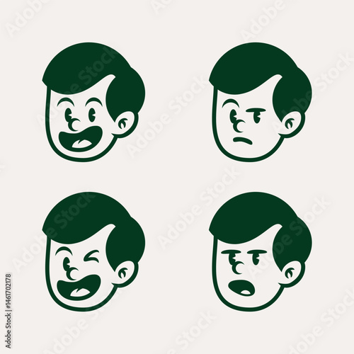 Set of 4 retro cartoon boy face expressions in dark green. Classic comic-style emotions: happy, serious, winking, and talking. Perfect for branding, stickers, or vintage design assets.