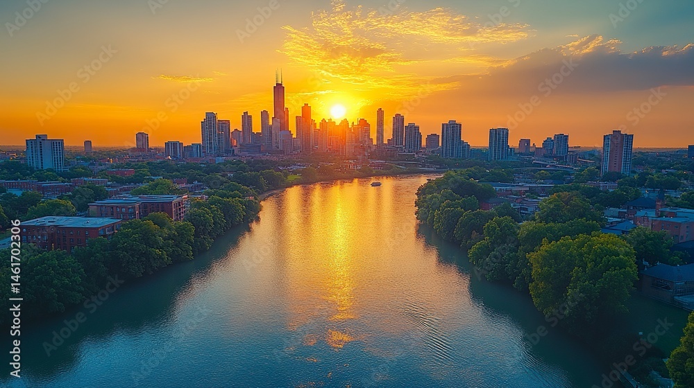 Obraz premium Urban skyline along river bend under golden hour sunlight, modern and historic architecture mix, aerial wide view 
