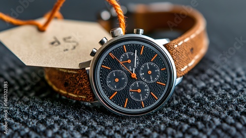 Closeup of a Black Chronograph Wristwatch with Brown Leather Strap and Price Tag