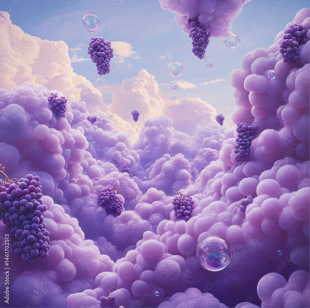 purple fluffy cotton candy clouds in the sky, with bubbles floating in the sky differring in sizes, grapes in the clouds