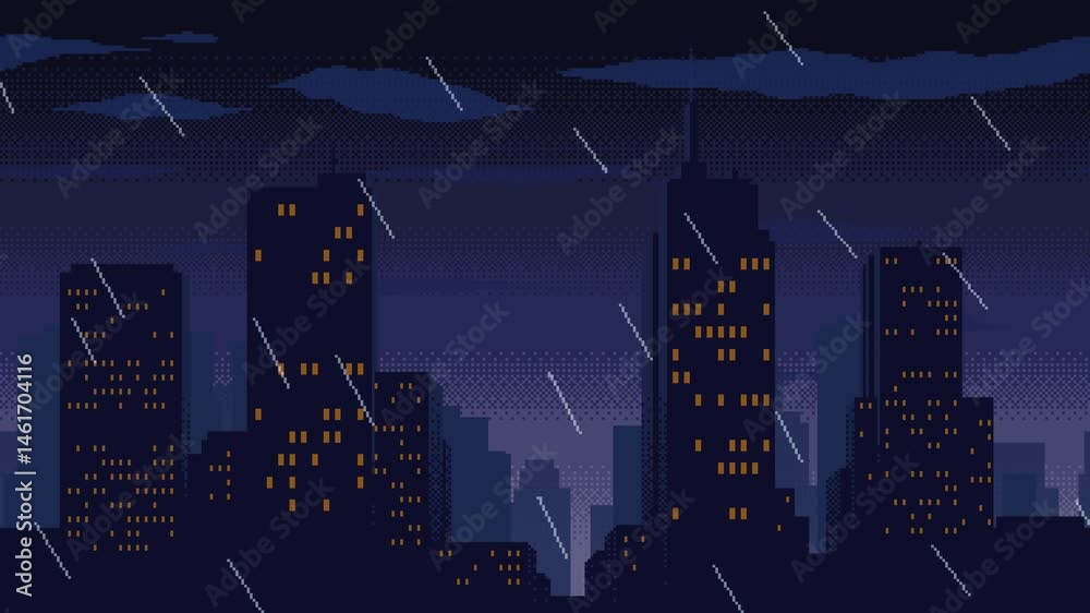 Lightning strikes, floating clouds and rain over city silhouette, pixel art animation. Seamless loop animated video of cityscape in rainy weather. Retro video game style.