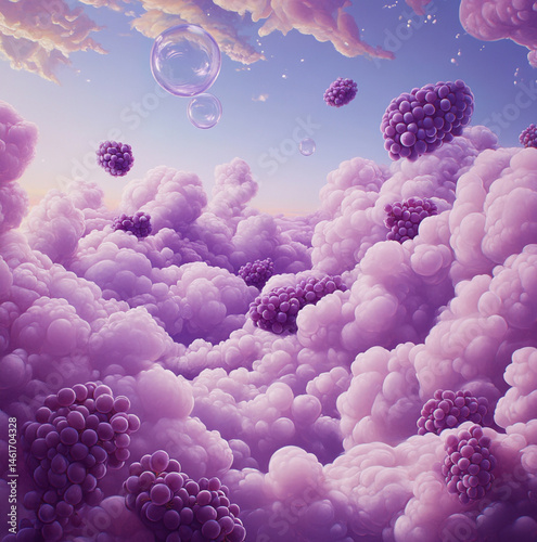purple fluffy cotton candy clouds in the sky, with bubbles floating in the sky differring in sizes, grapes in the clouds