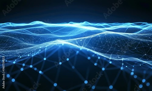 Blue mesh landscape with flowing polygonal waves animation video. Glowing connection points network animated footage clip seamless HD motion graphics. Futuristic digital terrain concept