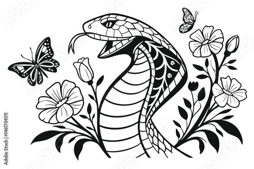 53 Intricate black and white illustration, profile silhouette, cobra snake, detailed scales, blooming flowers, delicate butterflies, surreal composition, Art Nouveau style, flowing organic shapes, int