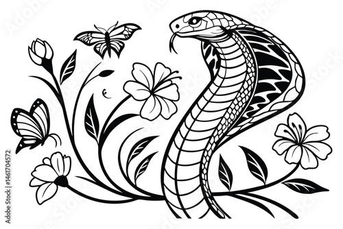 53 Intricate black and white illustration, profile silhouette, cobra snake, detailed scales, blooming flowers, delicate butterflies, surreal composition, Art Nouveau style, flowing organic shapes, int