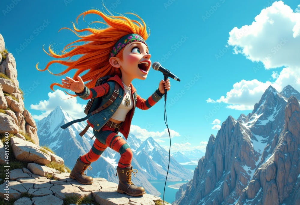 Obraz premium A vibrant animated girl with red hair singing into a microphone on mountain terrain