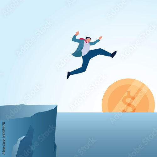 A man jumping on a cliff at sunset in the form of money. A metaphorical illustration of financial freedom, wealth and sufficient economy.