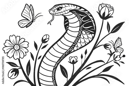 53 Intricate black and white illustration, profile silhouette, cobra snake, detailed scales, blooming flowers, delicate butterflies, surreal composition, Art Nouveau style, flowing organic shapes, int