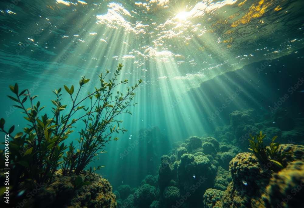 Fototapeta premium Underwater scene with sunlight penetrating the ocean surface and illuminating coral reefs and aquatic plants