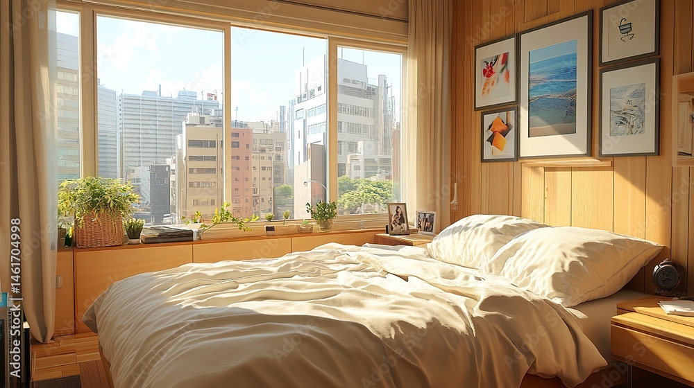 Wooden bedroom with bed and linens, beige walls and window with a city view.