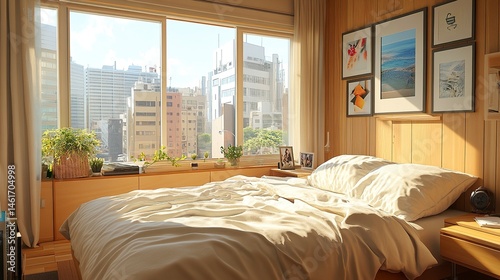 Wooden bedroom with bed and linens, beige walls and window with a city view. 