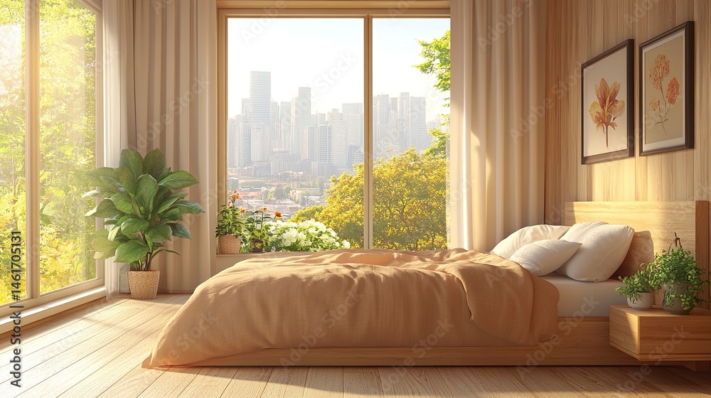 Wooden bedroom with bed and linens, beige walls and window with a city view.