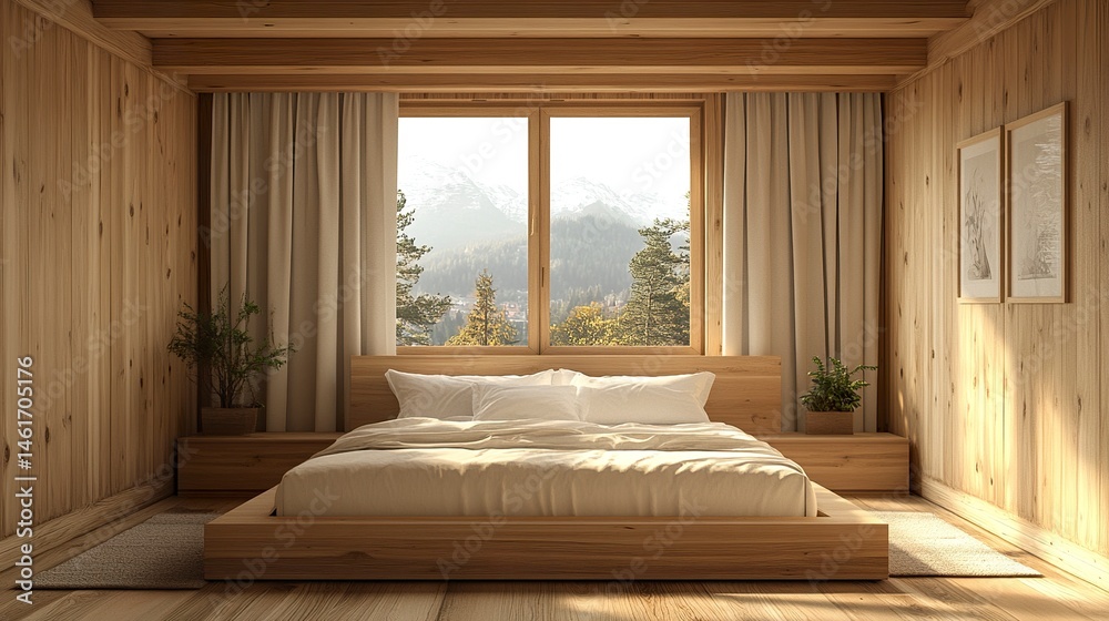 Wooden bedroom with bed and linens, beige walls and window with a city view.