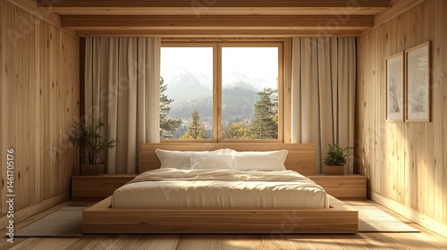 Wooden bedroom with bed and linens, beige walls and window with a city view. 