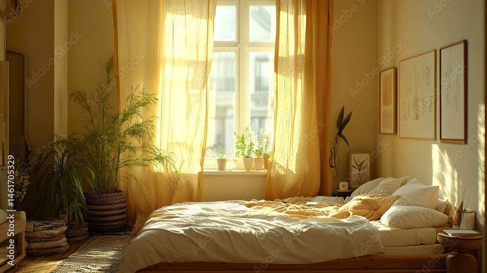 Wooden bedroom with bed and linens, beige walls and window with a city view.