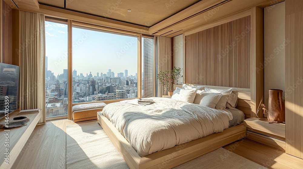 Wooden bedroom with bed and linens, beige walls and window with a city view.