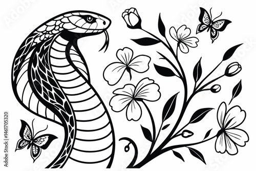 53 Intricate black and white illustration, profile silhouette, cobra snake, detailed scales, blooming flowers, delicate butterflies, surreal composition, Art Nouveau style, flowing organic shapes, int