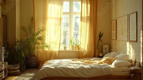 Obraz na płótnie Wooden bedroom with bed and linens, beige walls and window with a city view. w salonie