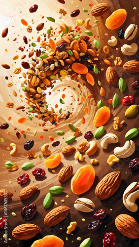 assorted healthy nuts, dried fruits, and seeds — including almonds, walnuts, pistachios, cashews, dried apricots, cranberries, and raisins 