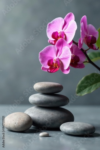 Polished stones, orchid blossoms, elegant grey setting, stock photo, nature, beauty