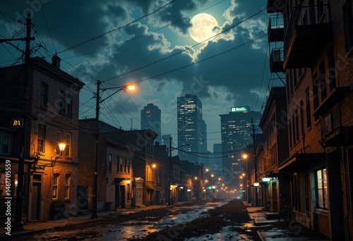 A city street illuminated by streetlights under a full moon and cloudy night sky