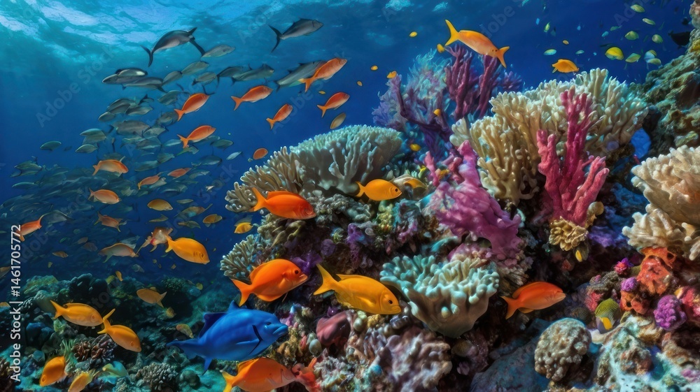 Naklejka premium Vibrant coral reef teeming with colorful fish. Schools of fish swim amongst a variety of corals