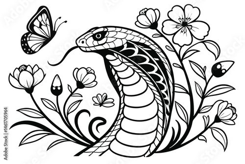 53 Intricate black and white illustration, profile silhouette, cobra snake, detailed scales, blooming flowers, delicate butterflies, surreal composition, Art Nouveau style, flowing organic shapes, int
