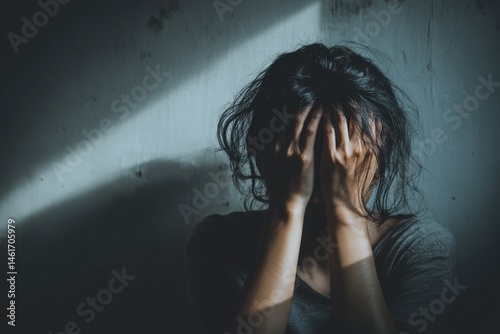 A distraught woman covering her face with her hands, depicting sadness, depression, and mental health issues in a dimly lit, emotional environment inside.
